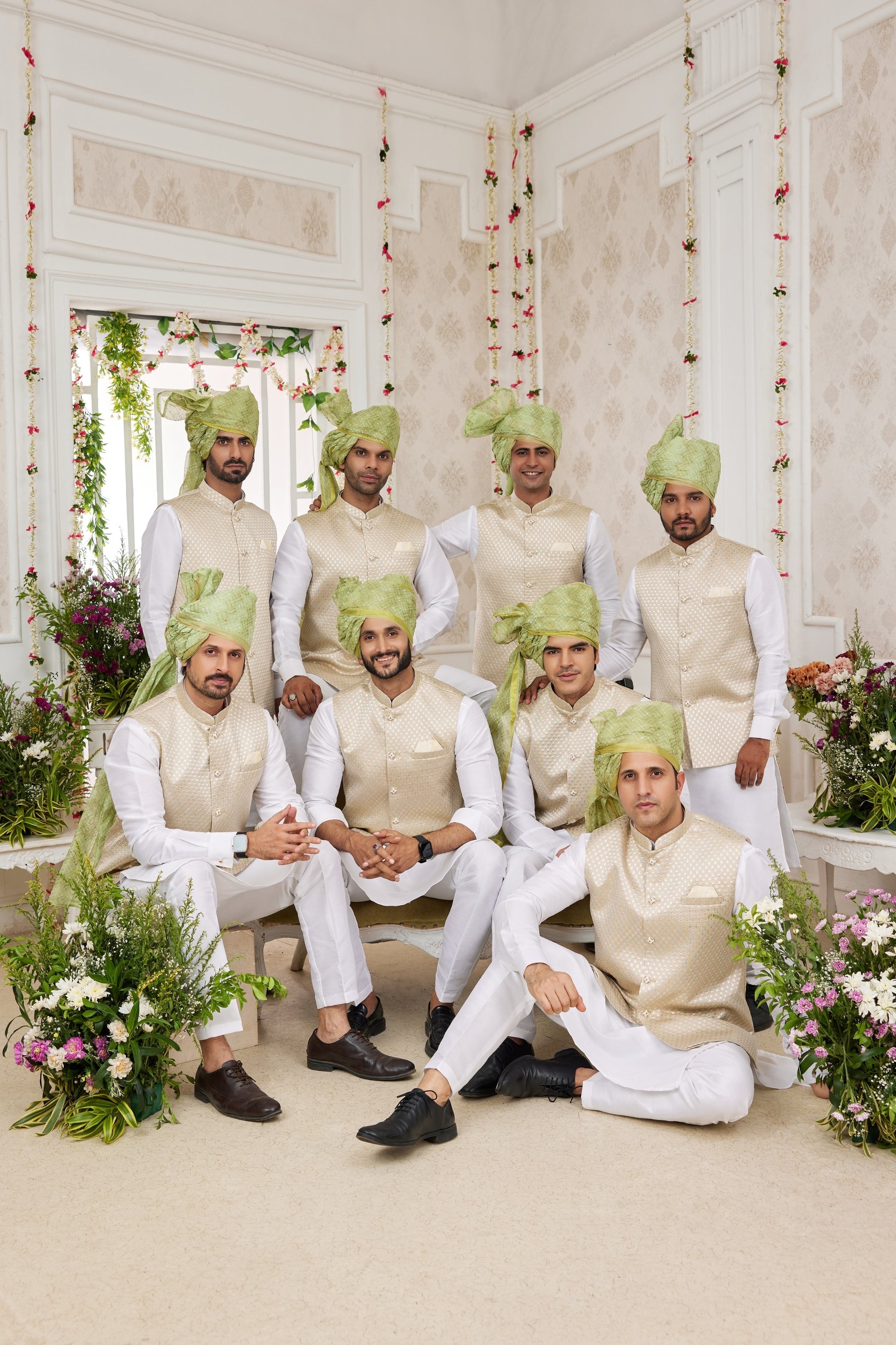 Charming Off White Art Banarasi Silk Kurta Pyjama Set for Men with Designer Nehru Jacket