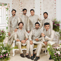 Delicate Beige Art Banarasi Silk Kurta Pyjama Set for Men with Designer Nehru Jacket