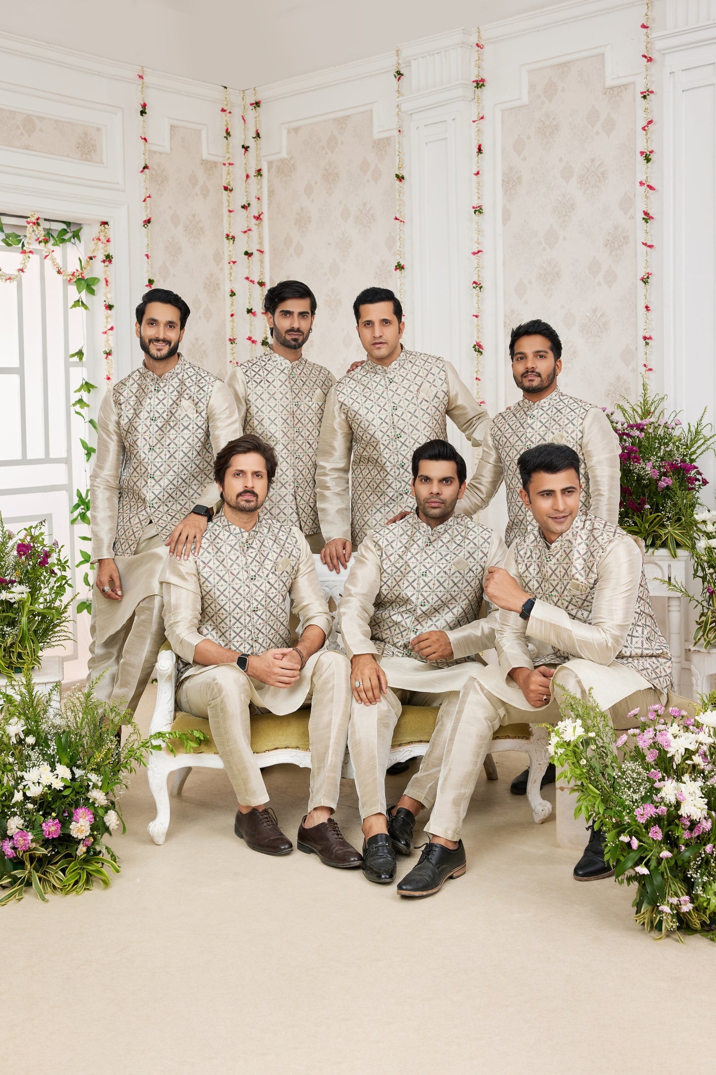 Delicate Beige Art Banarasi Silk Kurta Pyjama Set for Men with Designer Nehru Jacket