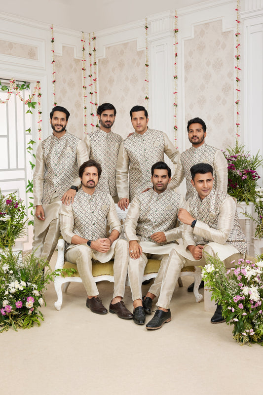 Delicate Beige Art Banarasi Silk Kurta Pyjama Set for Men with Designer Nehru Jacket