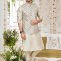 Delicate Beige Art Banarasi Silk Kurta Pyjama Set for Men with Designer Nehru Jacket