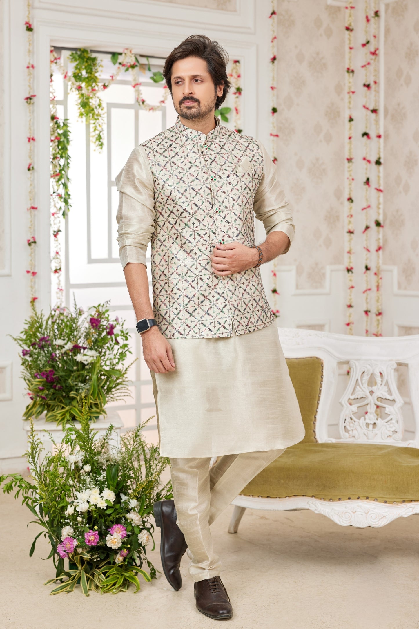 Delicate Beige Art Banarasi Silk Kurta Pyjama Set for Men with Designer Nehru Jacket