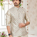 Delicate Beige Art Banarasi Silk Kurta Pyjama Set for Men with Designer Nehru Jacket