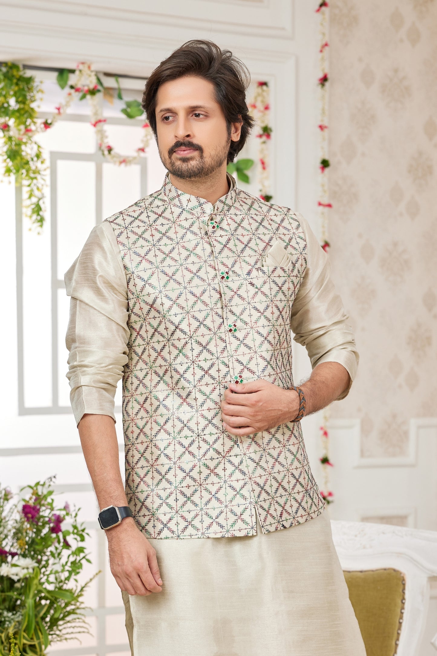 Delicate Beige Art Banarasi Silk Kurta Pyjama Set for Men with Designer Nehru Jacket