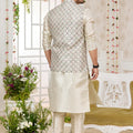 Delicate Beige Art Banarasi Silk Kurta Pyjama Set for Men with Designer Nehru Jacket