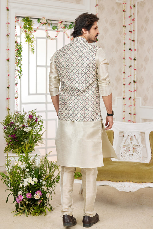 Delicate Beige Art Banarasi Silk Kurta Pyjama Set for Men with Designer Nehru Jacket