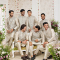 Delicate Beige Art Banarasi Silk Kurta Pyjama Set for Men with Designer Nehru Jacket