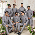 Amazing Grey Art Banarasi Silk Kurta Pyjama Set for Men with Designer Nehru Jacket