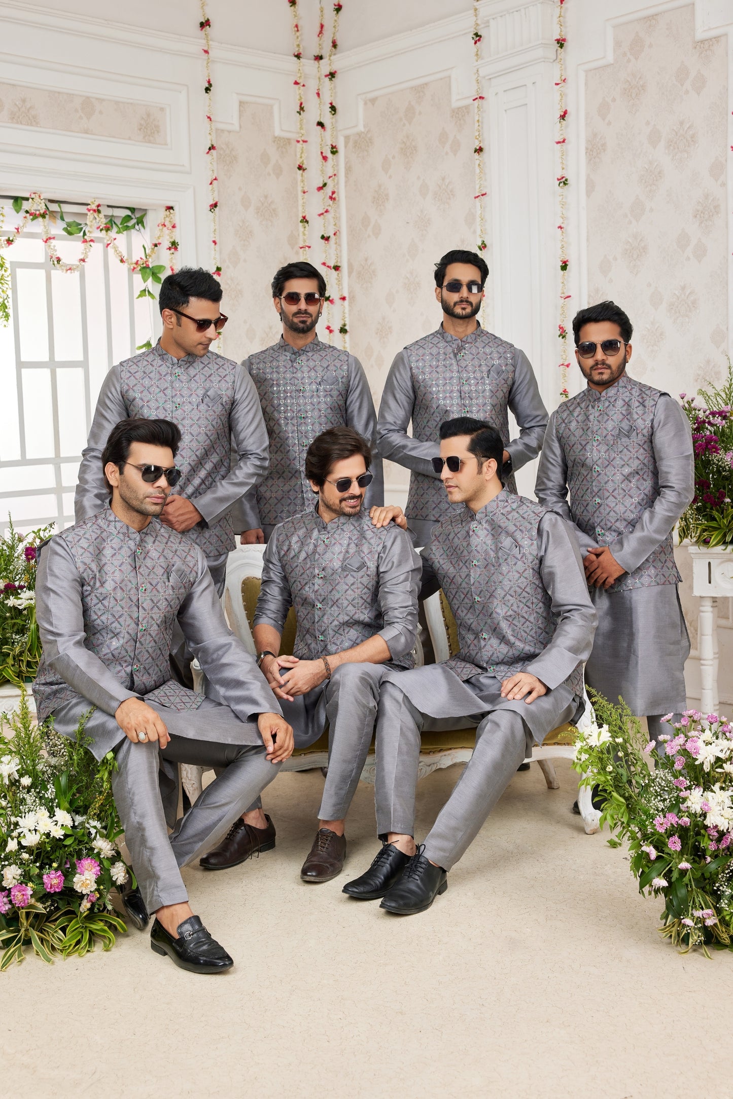 Amazing Grey Art Banarasi Silk Kurta Pyjama Set for Men with Designer Nehru Jacket