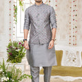 Amazing Grey Art Banarasi Silk Kurta Pyjama Set for Men with Designer Nehru Jacket