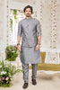 Amazing Grey Art Banarasi Silk Kurta Pyjama Set for Men with Designer Nehru Jacket