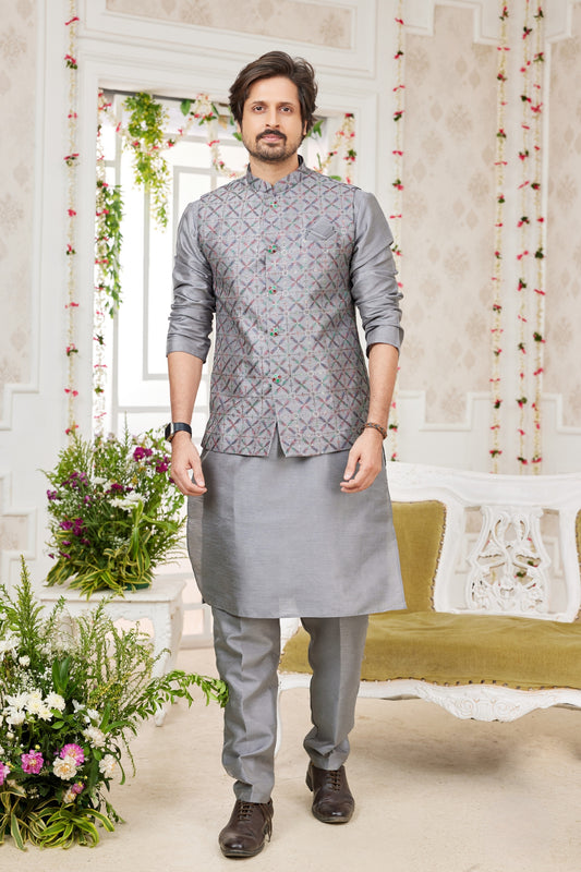 Amazing Grey Art Banarasi Silk Kurta Pyjama Set for Men with Designer Nehru Jacket