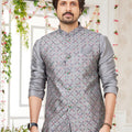 Amazing Grey Art Banarasi Silk Kurta Pyjama Set for Men with Designer Nehru Jacket
