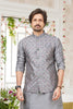 Amazing Grey Art Banarasi Silk Kurta Pyjama Set for Men with Designer Nehru Jacket