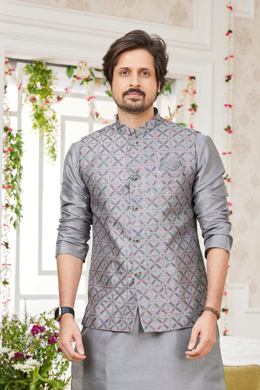 Amazing Grey Art Banarasi Silk Kurta Pyjama Set for Men with Designer Nehru Jacket