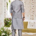 Amazing Grey Art Banarasi Silk Kurta Pyjama Set for Men with Designer Nehru Jacket