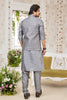 Amazing Grey Art Banarasi Silk Kurta Pyjama Set for Men with Designer Nehru Jacket