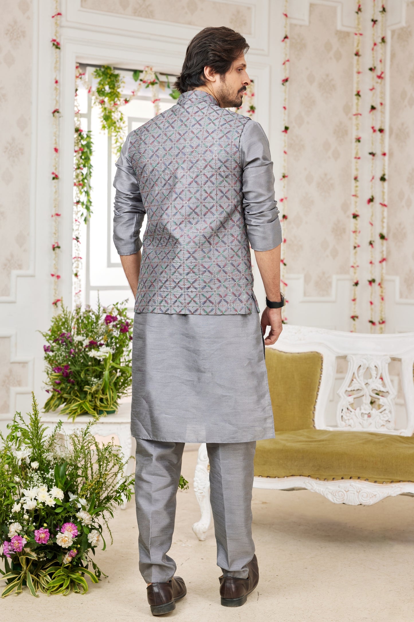 Amazing Grey Art Banarasi Silk Kurta Pyjama Set for Men with Designer Nehru Jacket
