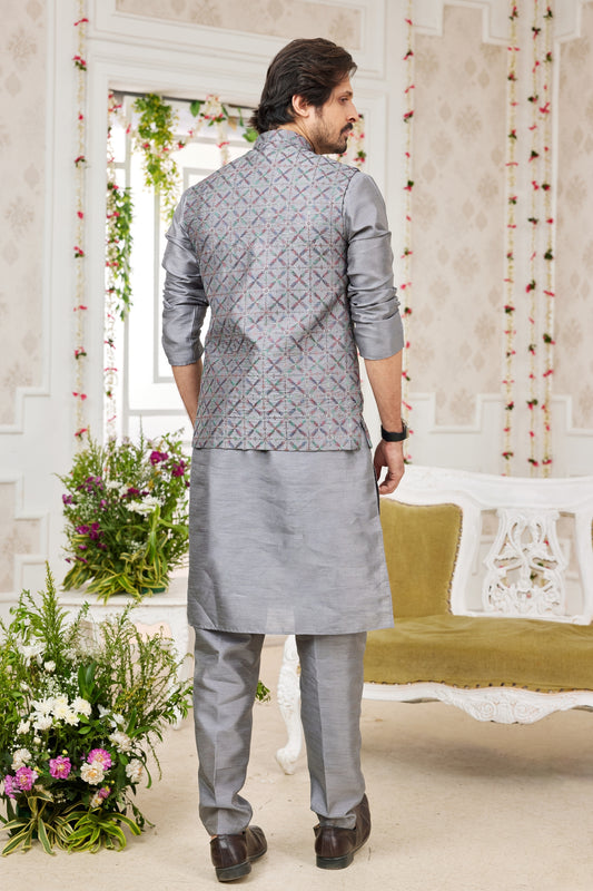 Amazing Grey Art Banarasi Silk Kurta Pyjama Set for Men with Designer Nehru Jacket