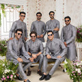 Amazing Grey Art Banarasi Silk Kurta Pyjama Set for Men with Designer Nehru Jacket