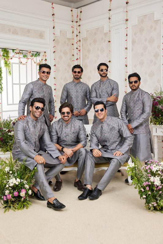 Amazing Grey Art Banarasi Silk Kurta Pyjama Set for Men with Designer Nehru Jacket