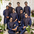 Outstanding Navy Blue Art Banarasi Silk Kurta Pyjama Set for Men with Designer Nehru Jacket