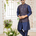 Outstanding Navy Blue Art Banarasi Silk Kurta Pyjama Set for Men with Designer Nehru Jacket