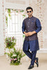 Outstanding Navy Blue Art Banarasi Silk Kurta Pyjama Set for Men with Designer Nehru Jacket