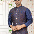 Outstanding Navy Blue Art Banarasi Silk Kurta Pyjama Set for Men with Designer Nehru Jacket