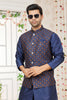 Outstanding Navy Blue Art Banarasi Silk Kurta Pyjama Set for Men with Designer Nehru Jacket