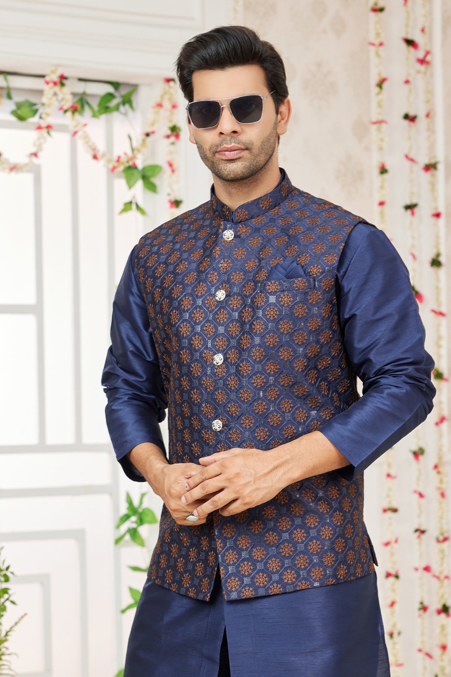 Outstanding Navy Blue Art Banarasi Silk Kurta Pyjama Set for Men with Designer Nehru Jacket