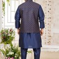 Outstanding Navy Blue Art Banarasi Silk Kurta Pyjama Set for Men with Designer Nehru Jacket