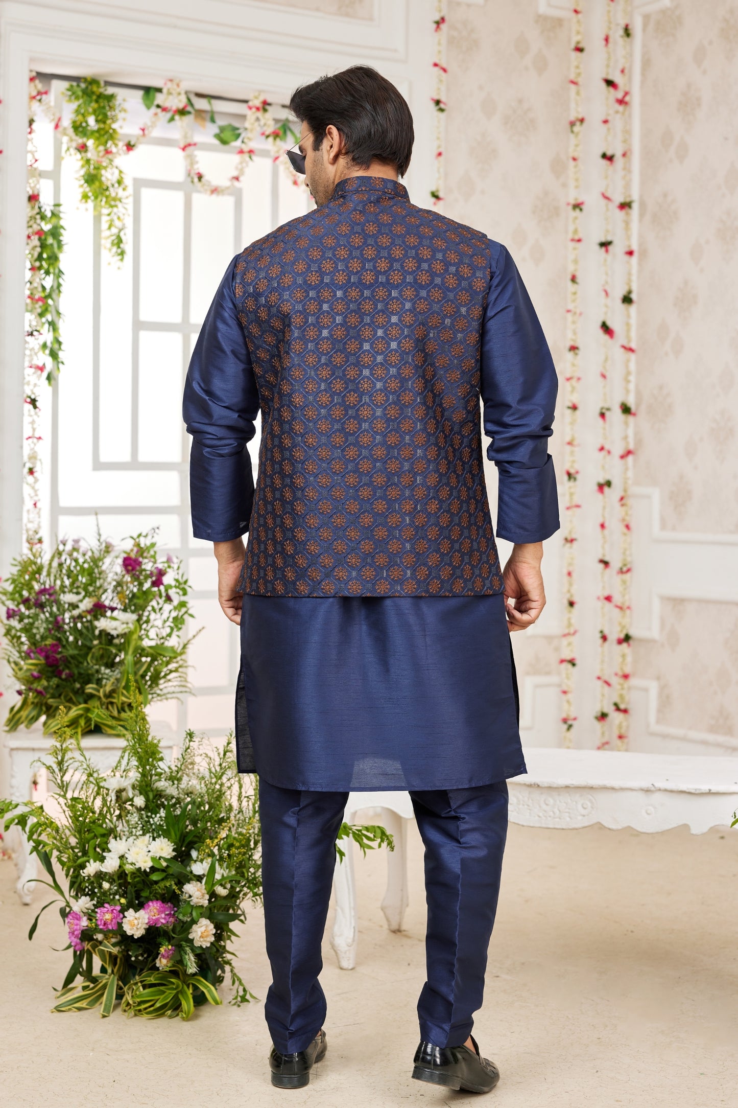 Outstanding Navy Blue Art Banarasi Silk Kurta Pyjama Set for Men with Designer Nehru Jacket