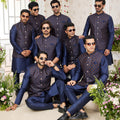 Outstanding Navy Blue Art Banarasi Silk Kurta Pyjama Set for Men with Designer Nehru Jacket
