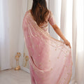 Pink Organza Silk Saree Golden Thread Embroidery Designer Blouse