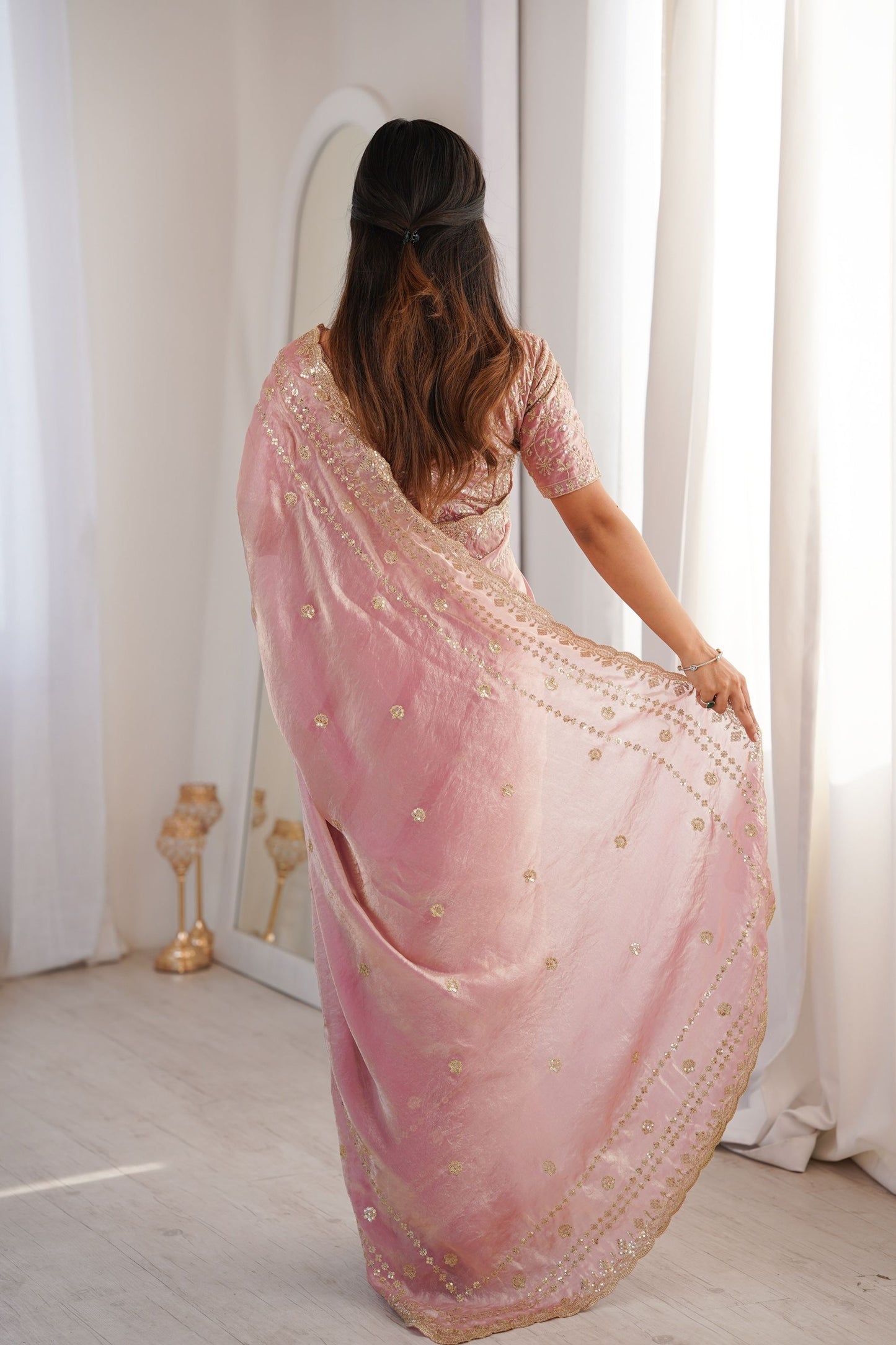 Pink Organza Silk Saree Golden Thread Embroidery Designer Blouse