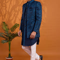 Royal Navy Blue Indo Western Sherwani With Designer Jacquard Jacket