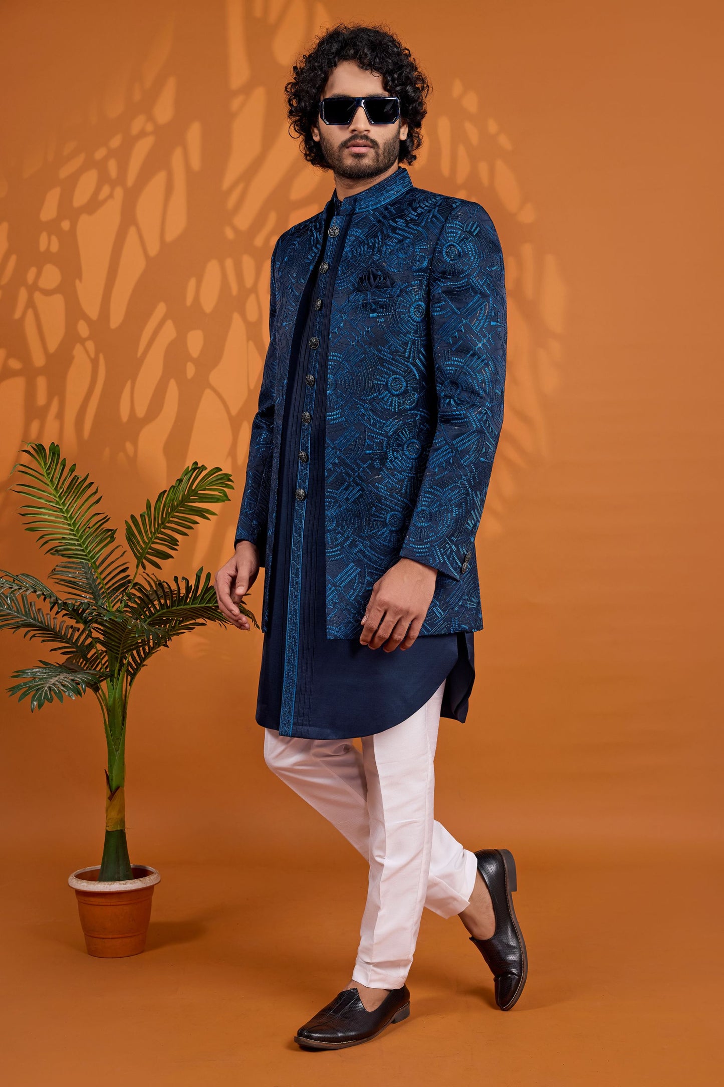 Royal Navy Blue Indo Western Sherwani With Designer Jacquard Jacket