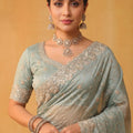 Mint Green Net Saree Heavy Silver Embroidered Border Designer Blouse