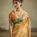 Mustard Gold Linen Silk Saree Teal Floral Digital Print Designer Tassel Pallu