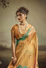 Mustard Gold Linen Silk Saree Teal Floral Digital Print Designer Tassel Pallu