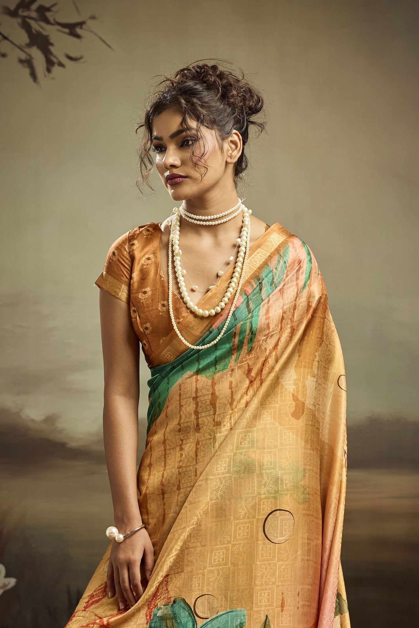 Mustard Gold Linen Silk Saree Teal Floral Digital Print Designer Tassel Pallu