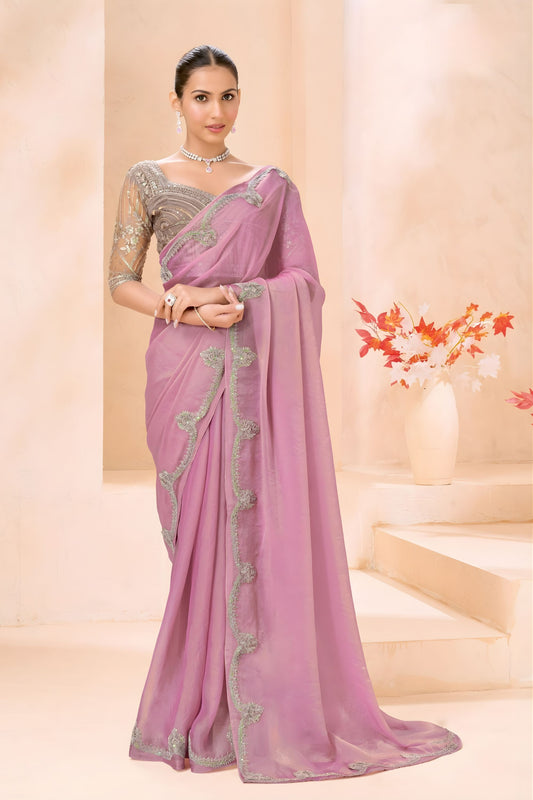Pastel Pink Designer Saree with Silver Embroidered Blouse