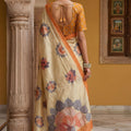Beige Printed Linen Silk Saree with Floral Design and Orange Border