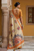 Beige Printed Linen Silk Saree with Floral Design and Orange Border