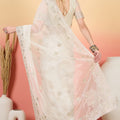 Off-White Embroidered Net Saree with Designer Border Party Wear Saree