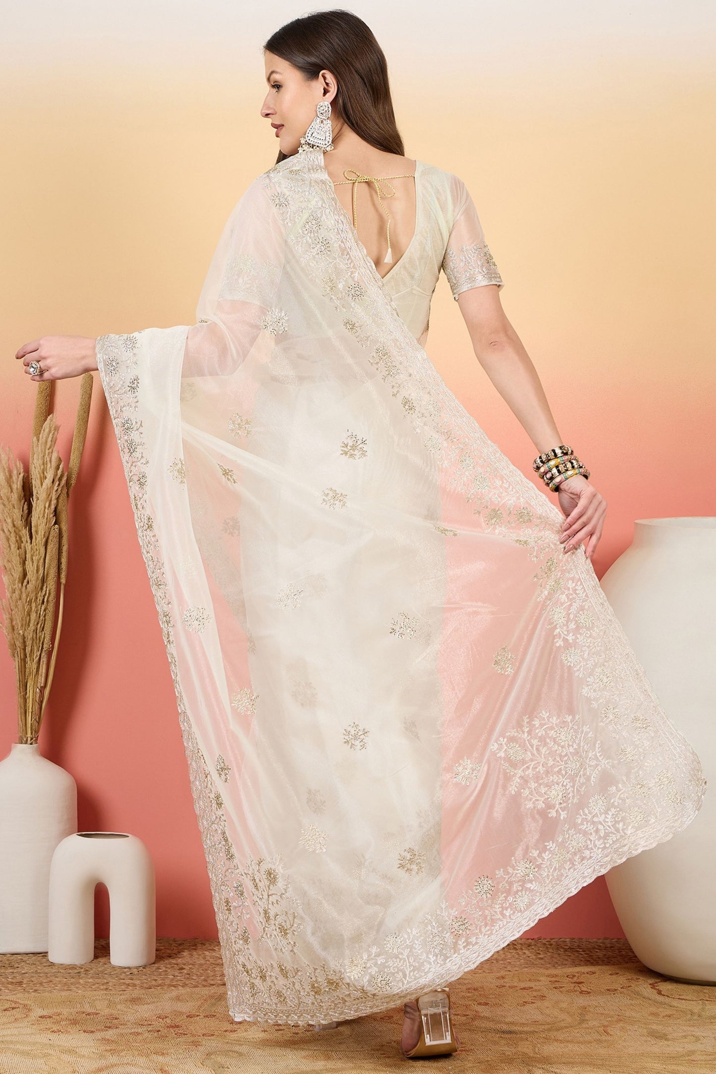 Off-White Embroidered Net Saree with Designer Border Party Wear Saree