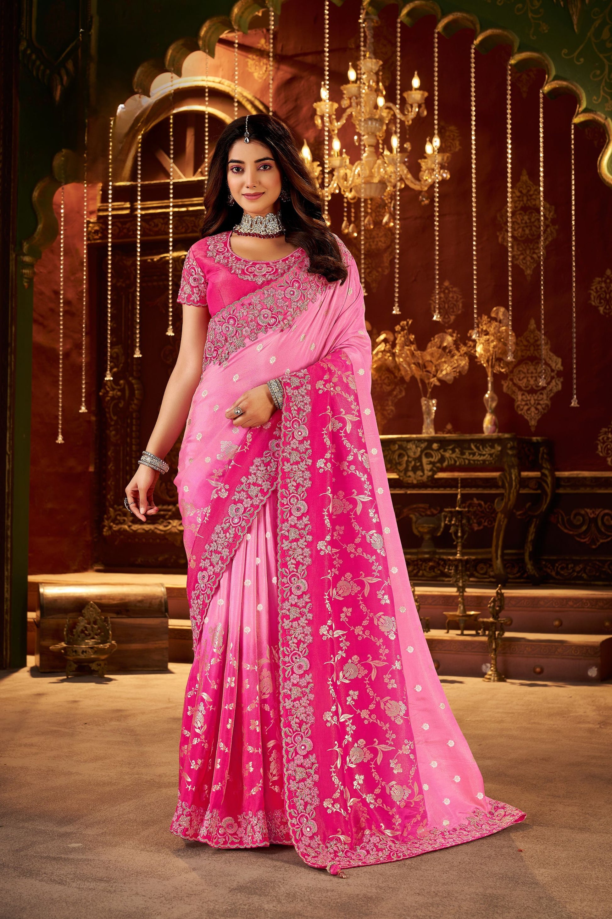 Rani Pink Embroidered Designer Saree with Heavy Work