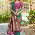 Bottle Green Silk Saree Pink Border Multicolor Peacock Zari Weaving Work