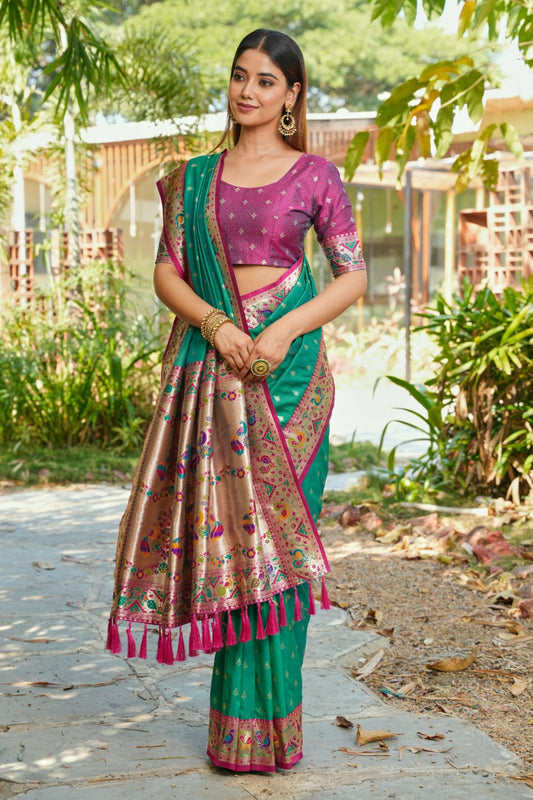 Bottle Green Silk Saree Pink Border Multicolor Peacock Zari Weaving Work